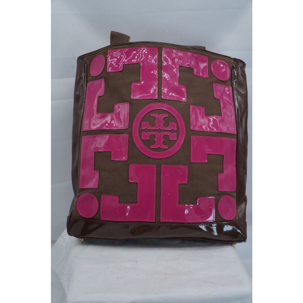 TORY BURCH TALL CANVAS & PATENT PINK & BROWN TOTE - Picture 5 of 9